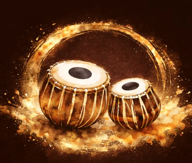 Golden tabla drums, the Mehfil Indian Bistro emblem